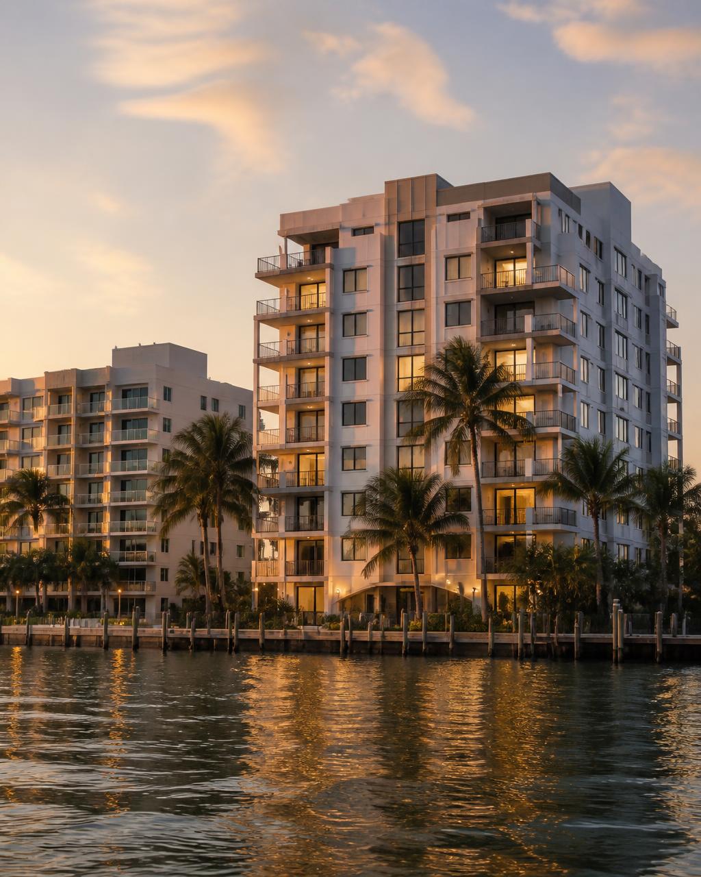 Waterfront residential buildings in North Bay Village, Florida at dusk